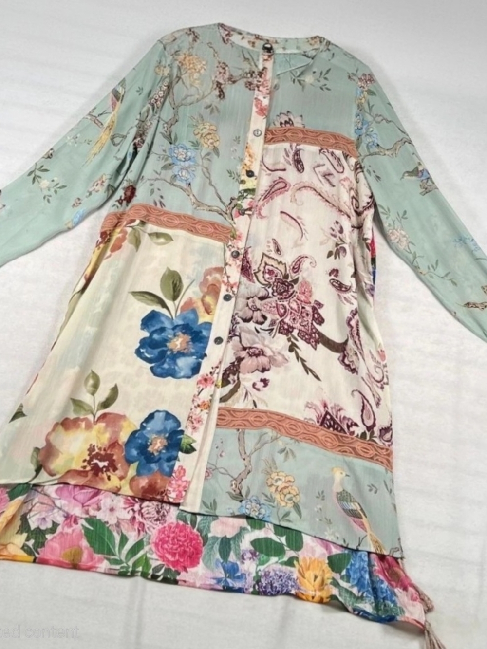 John Mark Floral Patchwork Button-Front Duster Cardigan Dress in Mint & Cream